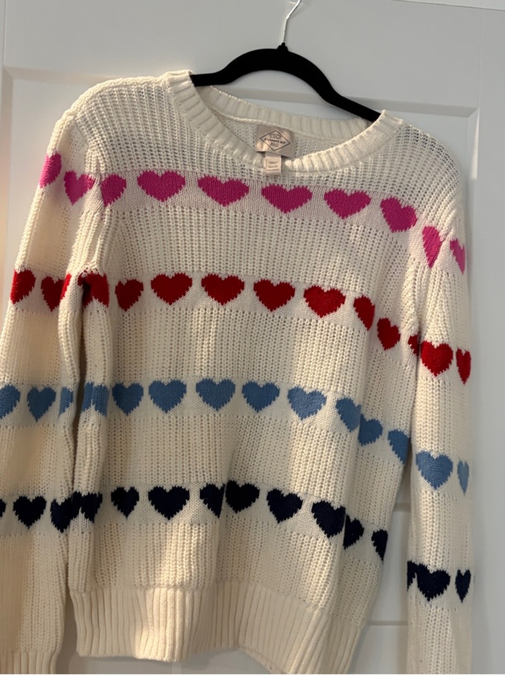 St. John's Bay Cream Sweater with Pink, Red, Light Blue & Navy Hearts